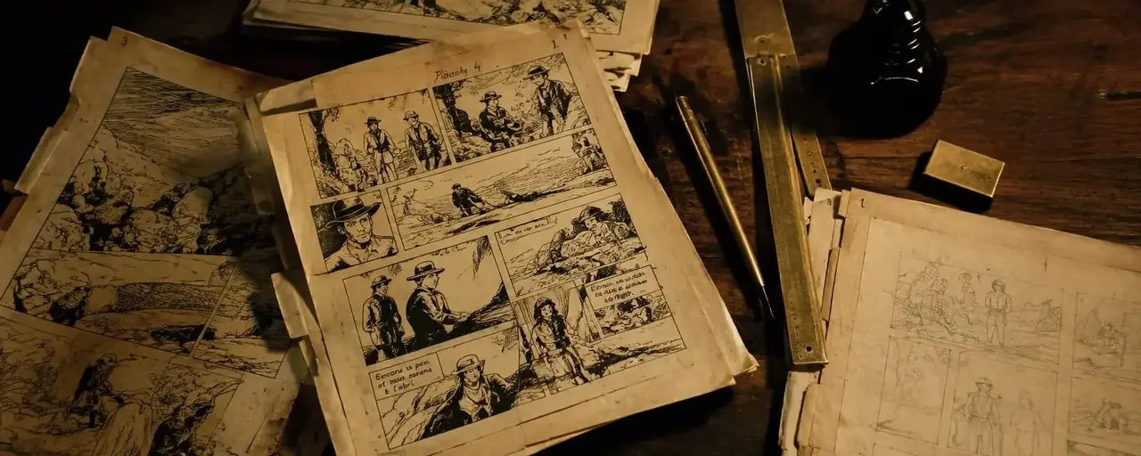 柚子漫画经典漫画栏目的旧原稿与木桌